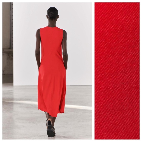 NWT. Zara ZW Collection Red viscose Blend Midi Dress with Pockets. Size. S. - Picture 5 of 12